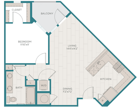 Floor plan for 1 bed, 1 bath, 743 sqft